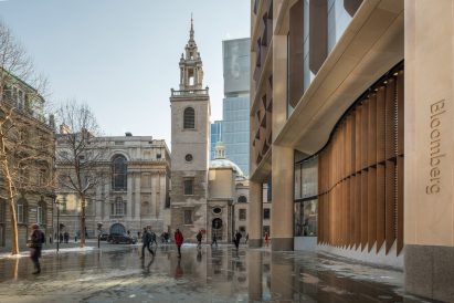 Exterior of St Stephen Walbrook Church situated next to Foster + Partner's Bloomberg headquarters
