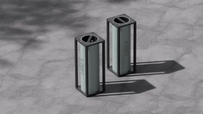 Rendering of two pale grey-green cannisters with Croft printed on the side, contained in rectangular frames and with a circular indicator dial on the top surface