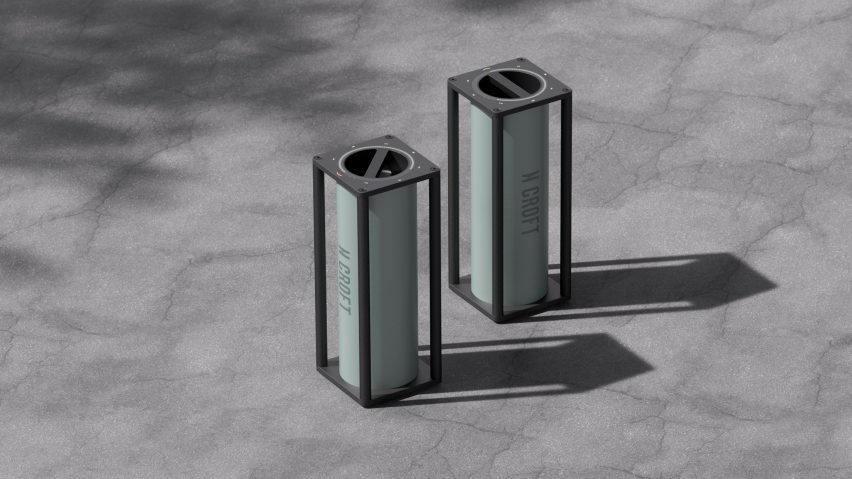 Rendering of two pale grey-green cannisters with Croft printed on the side, contained in rectangular frames and with a circular indicator dial on the top surface