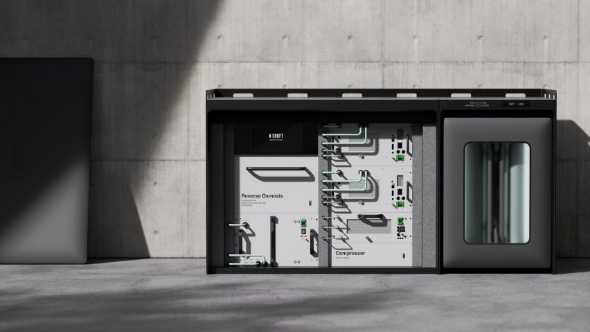 Rendering of the Nanoplant with front surface removed, showing interior machinery connected with tubes and displaying switches and buttons