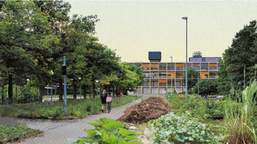 Render of a grass and tree-filled garden with a path leading to a multi-storey building