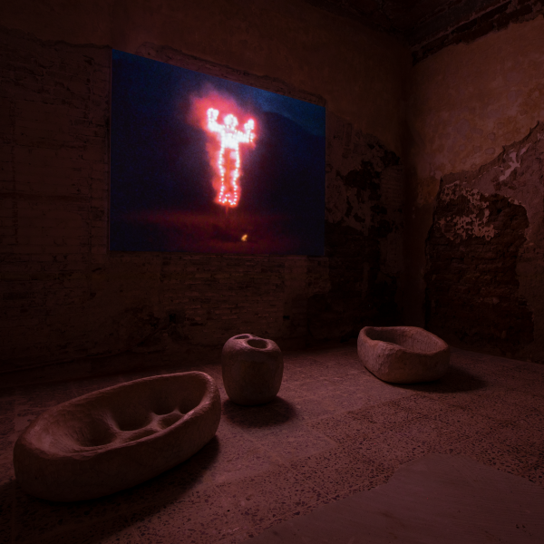 Installation view of Solange Pessoa and Ana Mendieta “Anima, Silueta de Cohetes (Firework Piece)” 1976