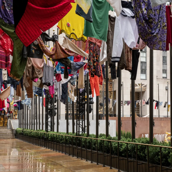 Installation view of “"Saca tus trapos al sol" (2022) by Pia Camil in “Intervención/Intersección,” Rockefeller Center, NYC. Photo by Caylon Hackwith, courtesy MASA.