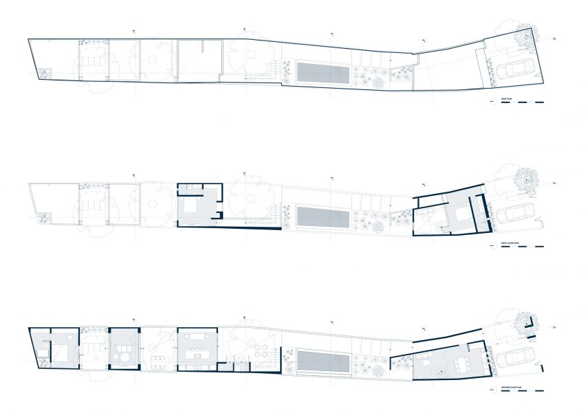 Ground floor, first floor and roof level plans of the El Tiron house by FMT Estudio