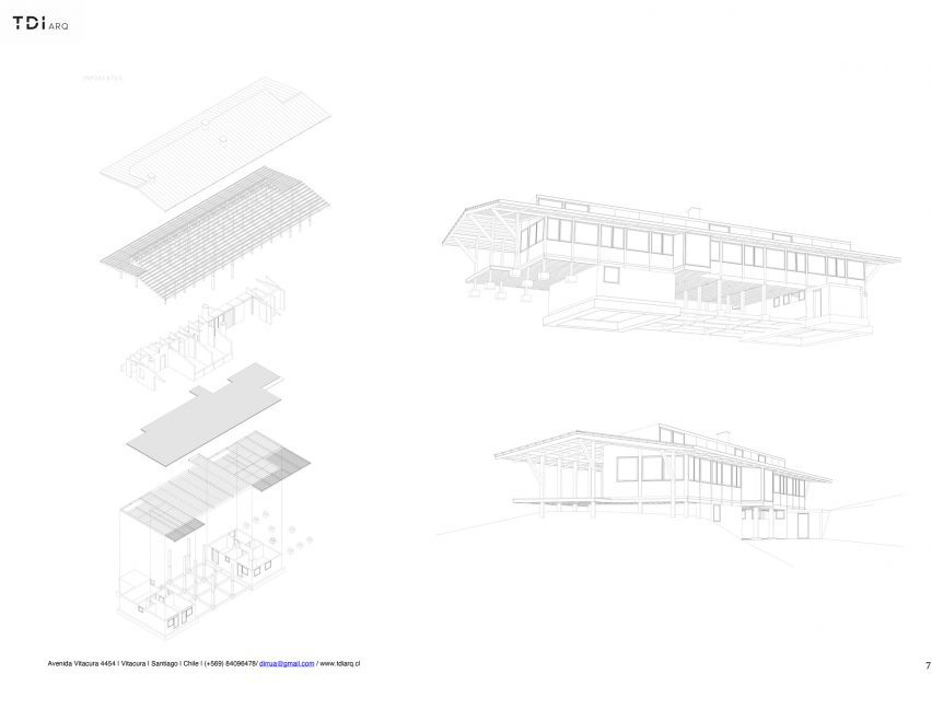Exploded axonometric drawing and perspective 3D drawing of Casa Granic by Tomás de Iruarrizaga