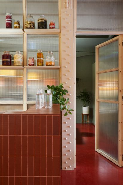 Polycarbonate wall with wooden shelves