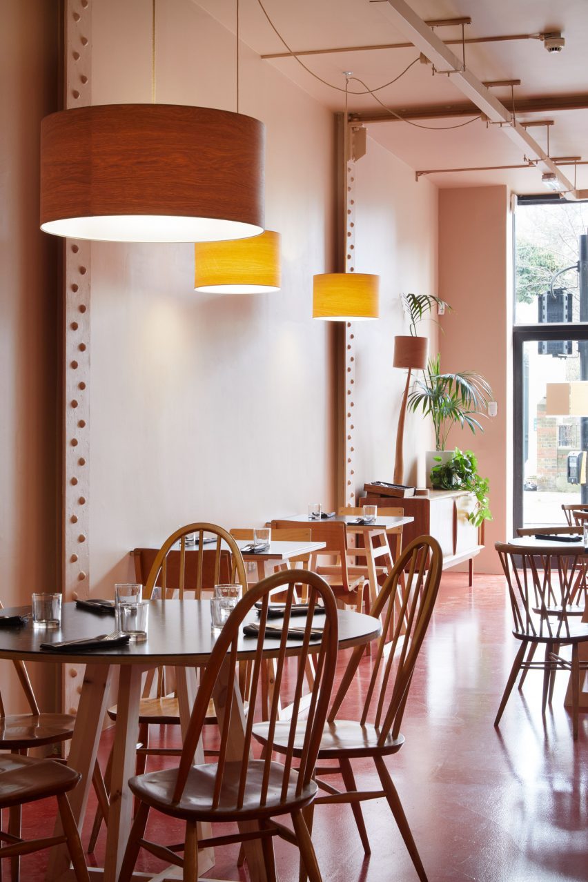 Wooden chairs in London restaurant