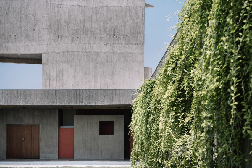 Concrete home with greenery growing over an exterior wall