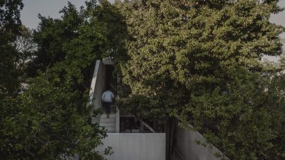An outdoor staircase concrete staircase among lush green trees