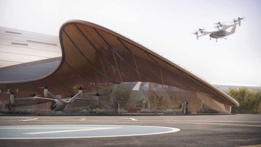 Render of the exterior of the Dubai International Airport vertiport