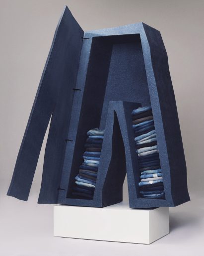 Photo of an open denim cabinet