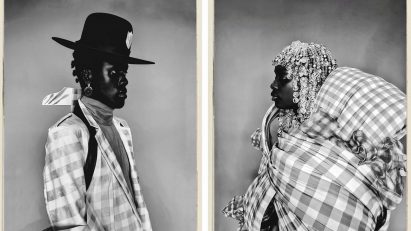 two Black models wearing fashion design works by Francesca Lake, student at Central Saint Martins
