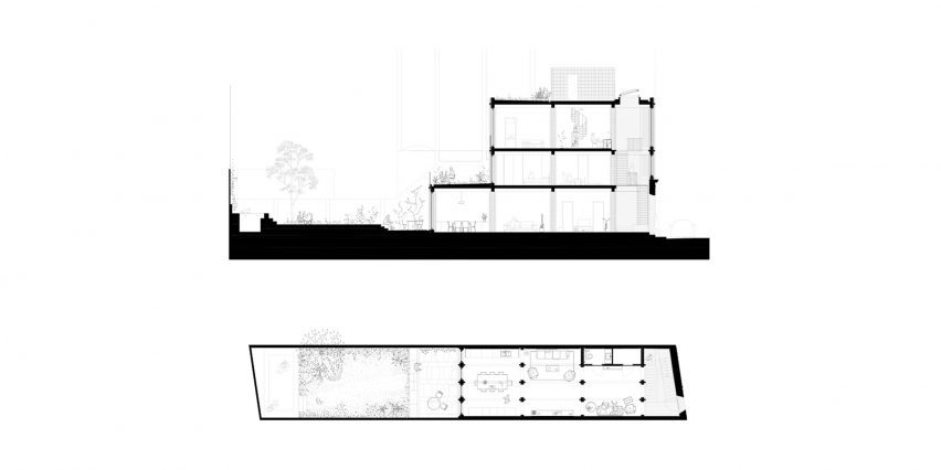 Section and ground floor plan at House 1616 by Harquitectes