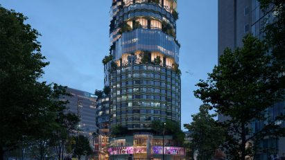 Render for a stacked cylindrical tower Oopen by Heatherwick Studio