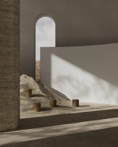 Beige carpet tiles in ancient-looking interior with arched window