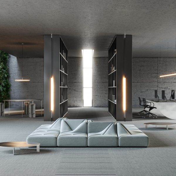 Modular sofa in high-ceilinged room