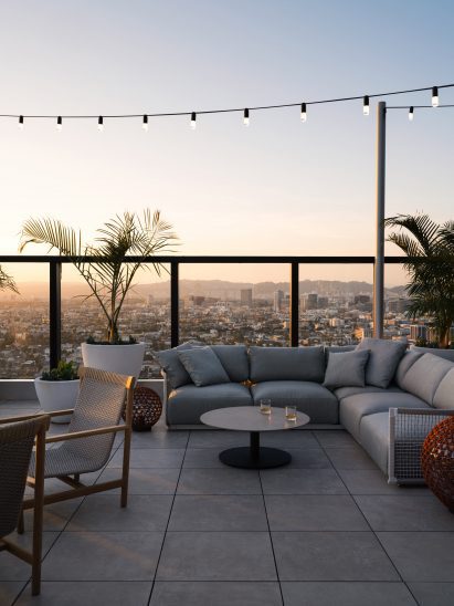 Hotel AC lobby overlooking Los Angeles
