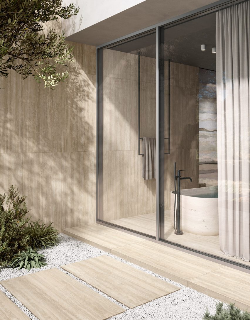 Photograph of sliding doors with neutral-coloured tiles