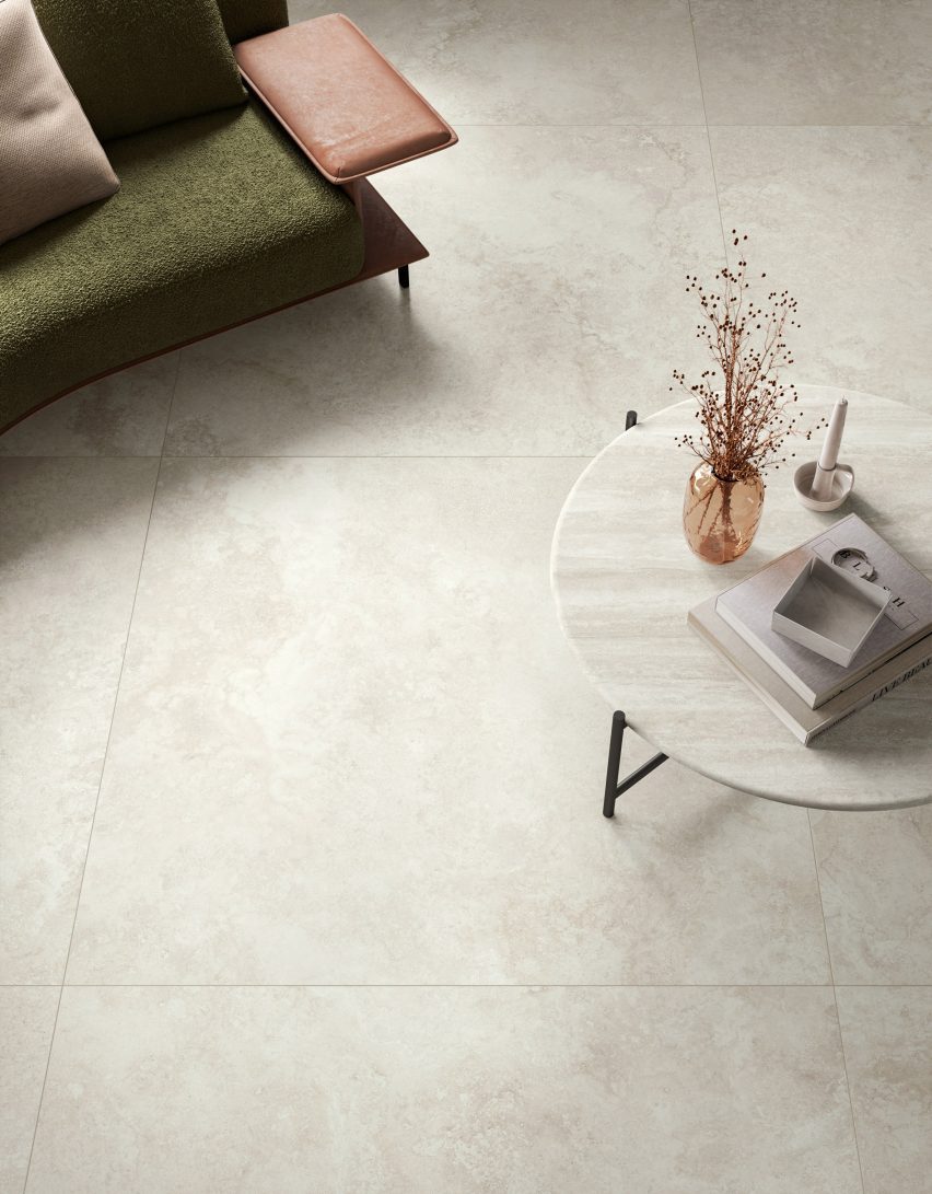 Photograph of interior with neutral-coloured tiles
