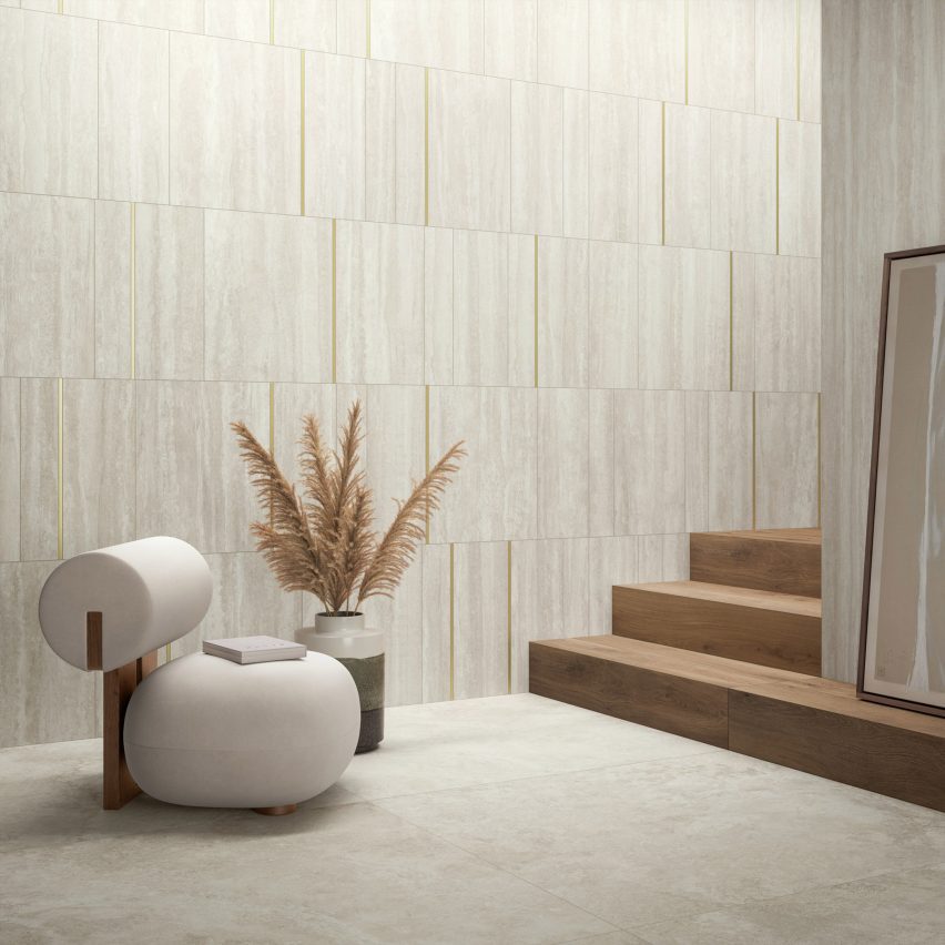 Photograph of interior with neutral-coloured tiles