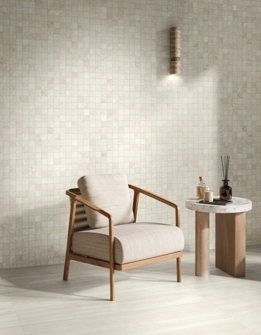 Photograph of interior with neutral-coloured tiles