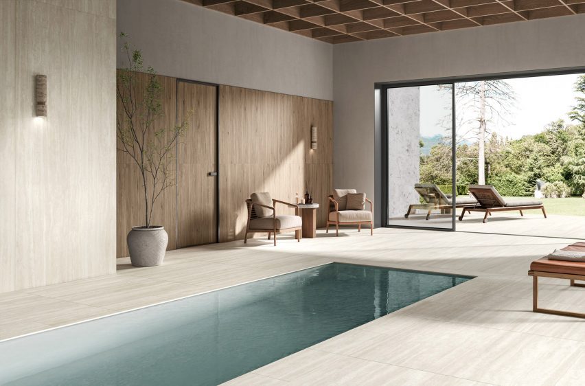Photograph of pool area with neutral-coloured tiles