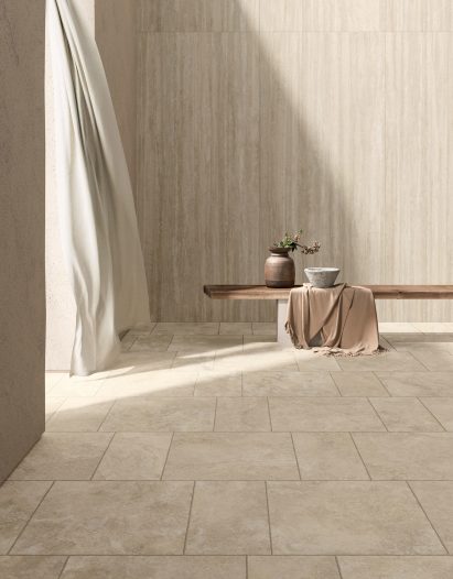 Photograph of interior with neutral-coloured tiles