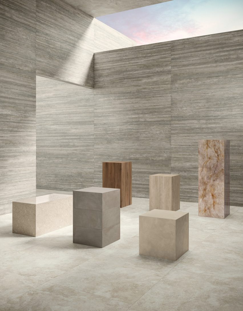 Photograph of interior with neutral-coloured tiles