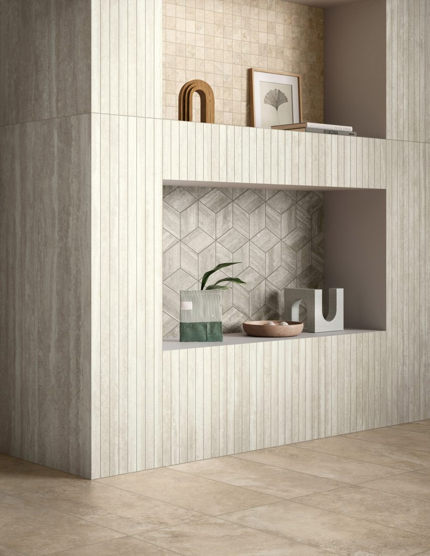 Photograph of interior with neutral-coloured tiles