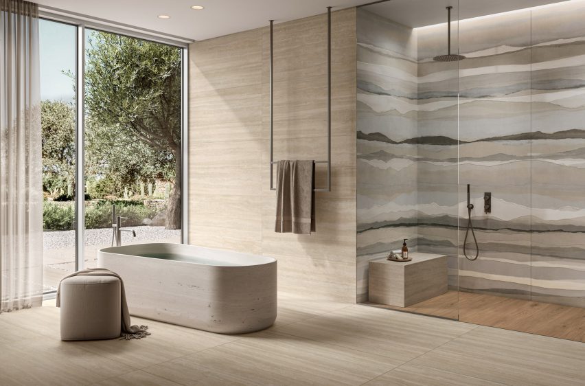Photograph of bathroom with neutral-coloured tiles