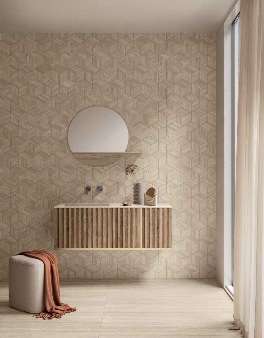Photograph of interior with neutral-coloured tiles