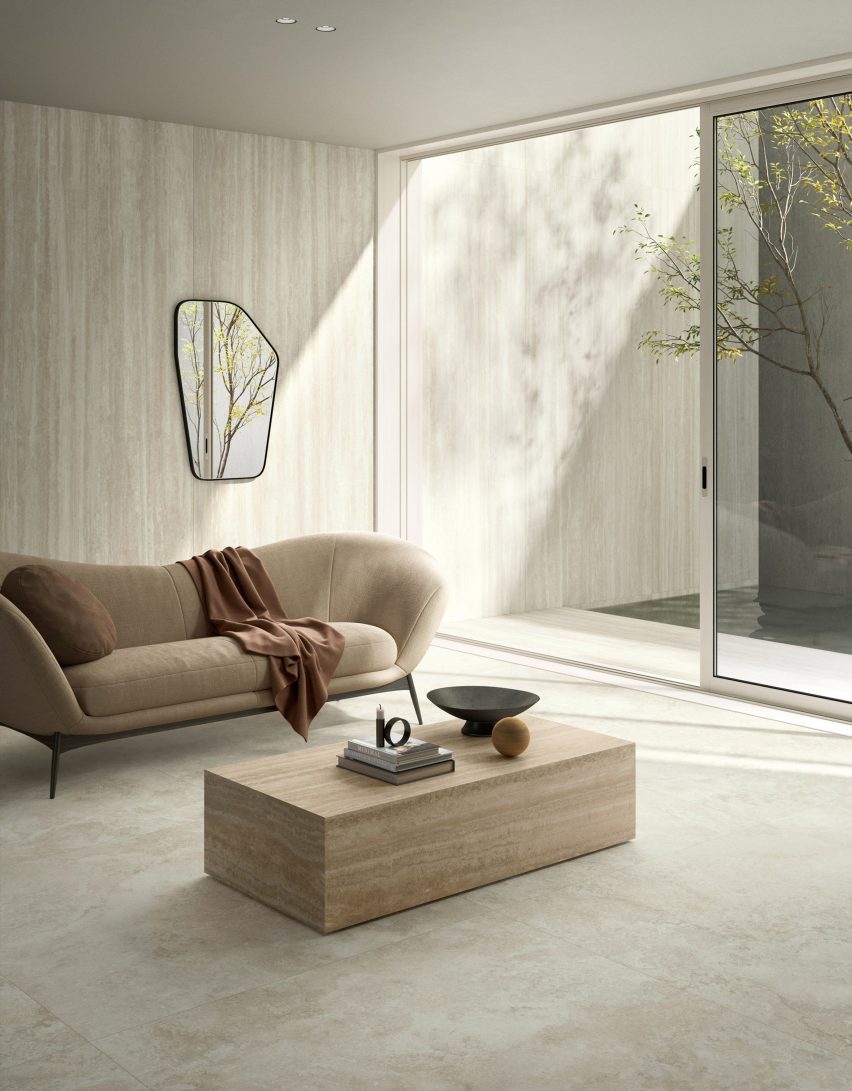 Photograph of interior with neutral-coloured tiles