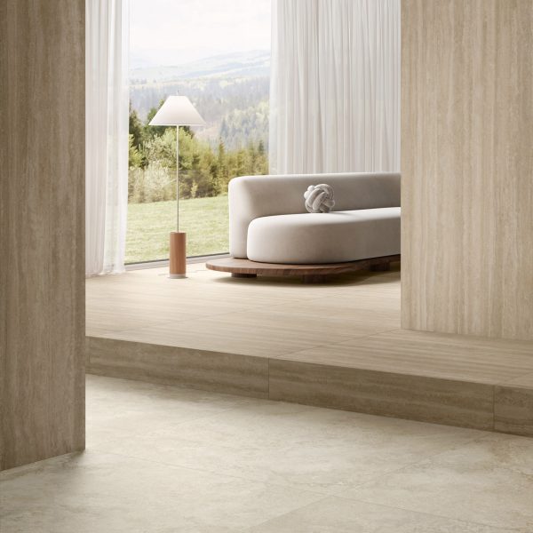 Photograph of interior with neutral-coloured tiles