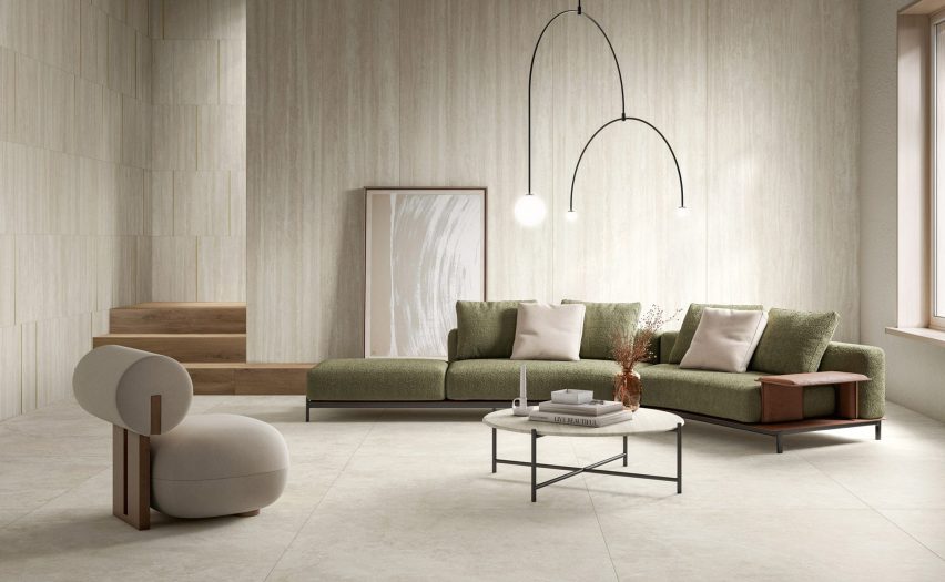 Photograph of interior with neutral-coloured tiles