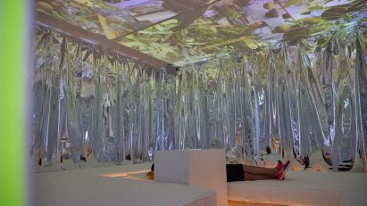 Person reclining within cinema space by IKEA at Milan design week
