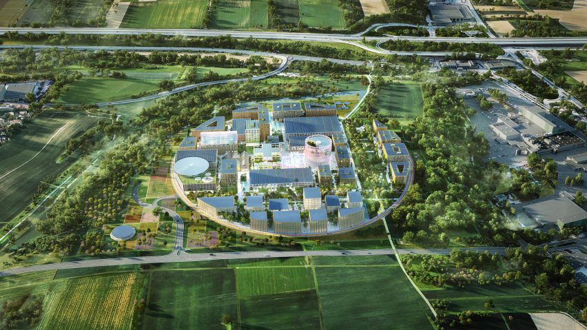 Aerial render of Innovation Park Artificial Intelligence (Ipai) by MVRDV