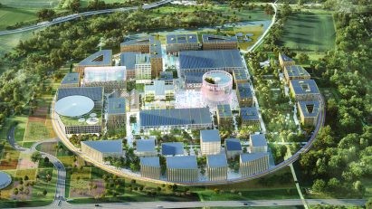 Aerial render of Innovation Park Artificial Intelligence (Ipai) by MVRDV