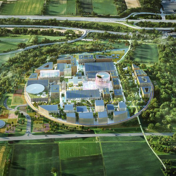 Aerial render of Innovation Park Artificial Intelligence (Ipai) by MVRDV
