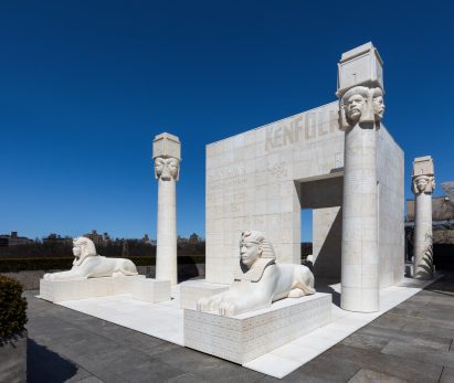Egyptian architecture with graffiti on Met rooftop