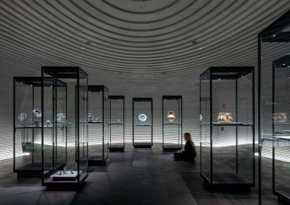 Art gallery with tiered stone walls