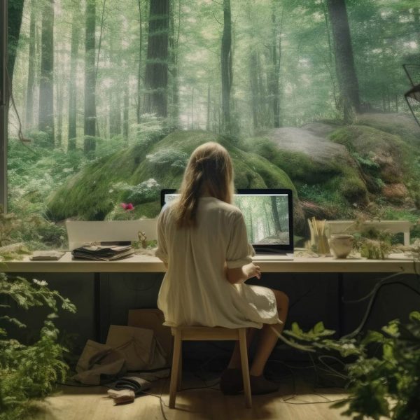A person sitting at the desk surrounded by nature