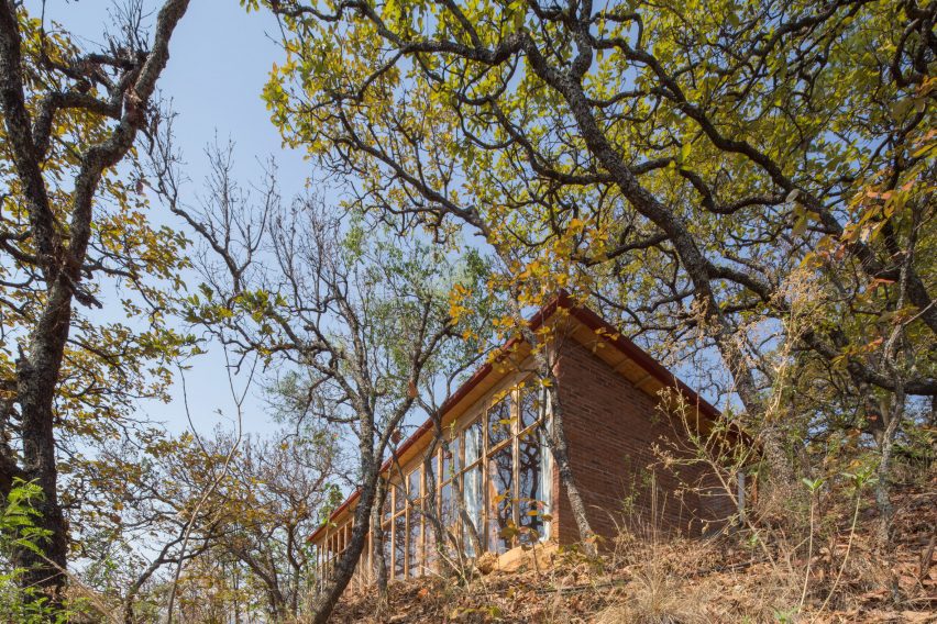 Wooden one-storey shed-like home on a sandy hill in Mexico with trees
