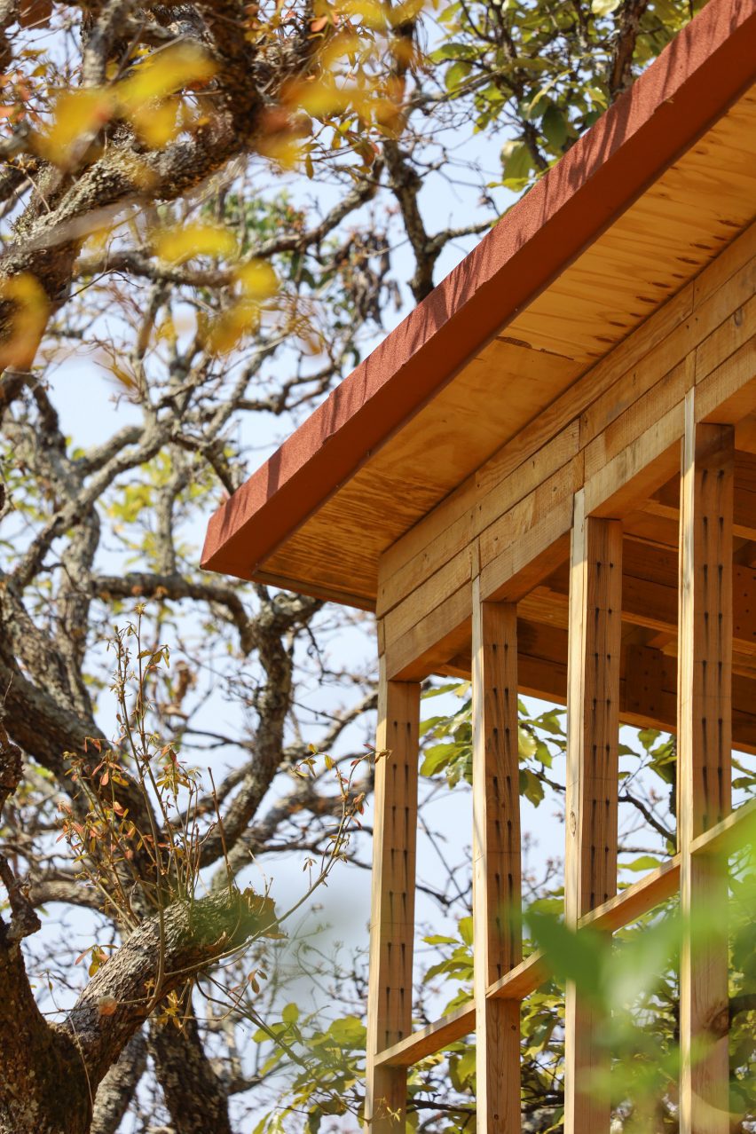Close-up of the edge of a wooden roof among trees