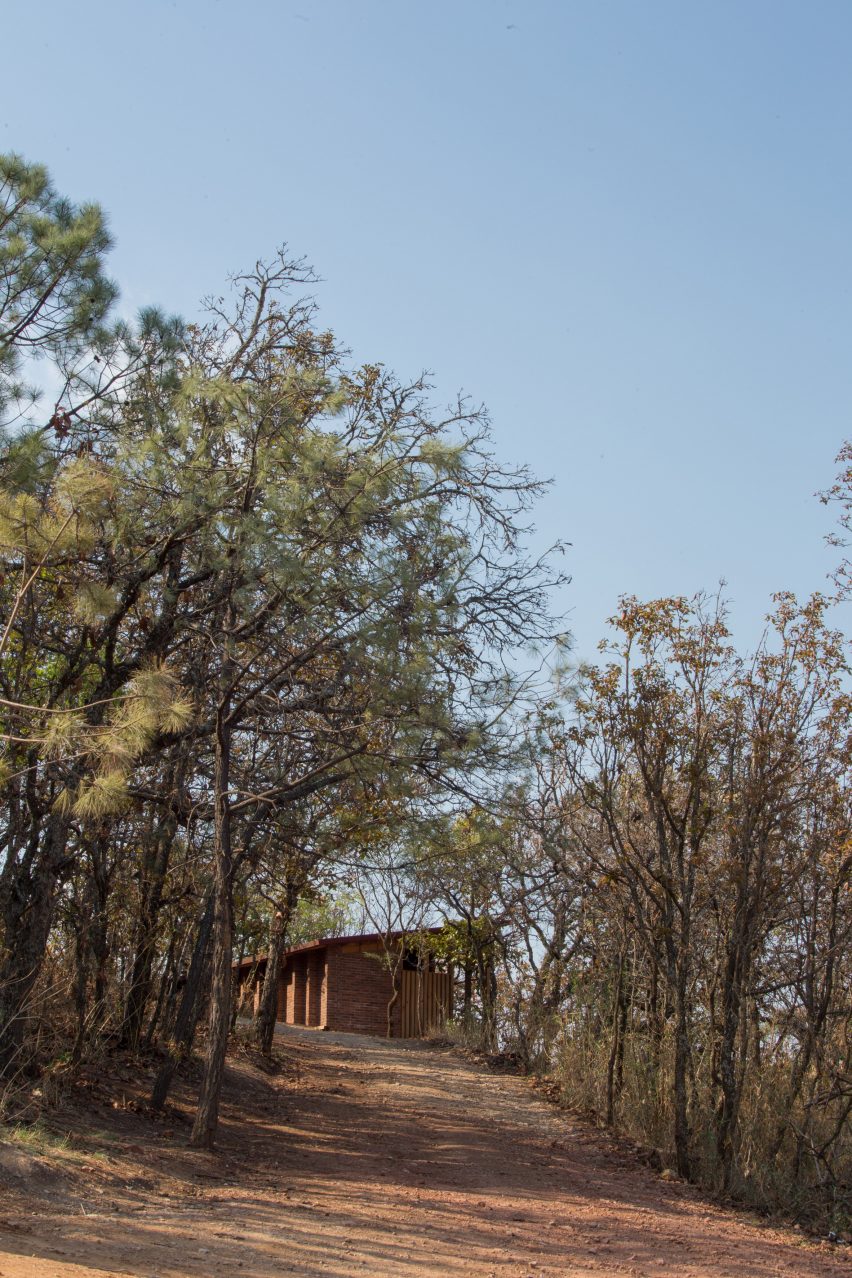 Wooden one-storey shed-like home on a sandy hill in Mexico with trees