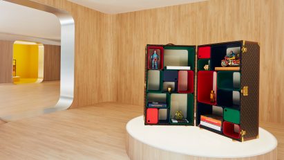Louis Vuitton travel trunk repurposed as a display case