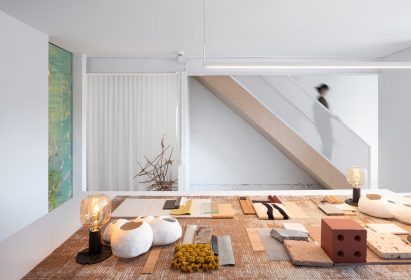 Architectural materials laid out on a large table