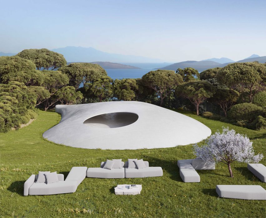 Aerial view of garden with Mass furniture by Todd Bracher for Gandia Blasco