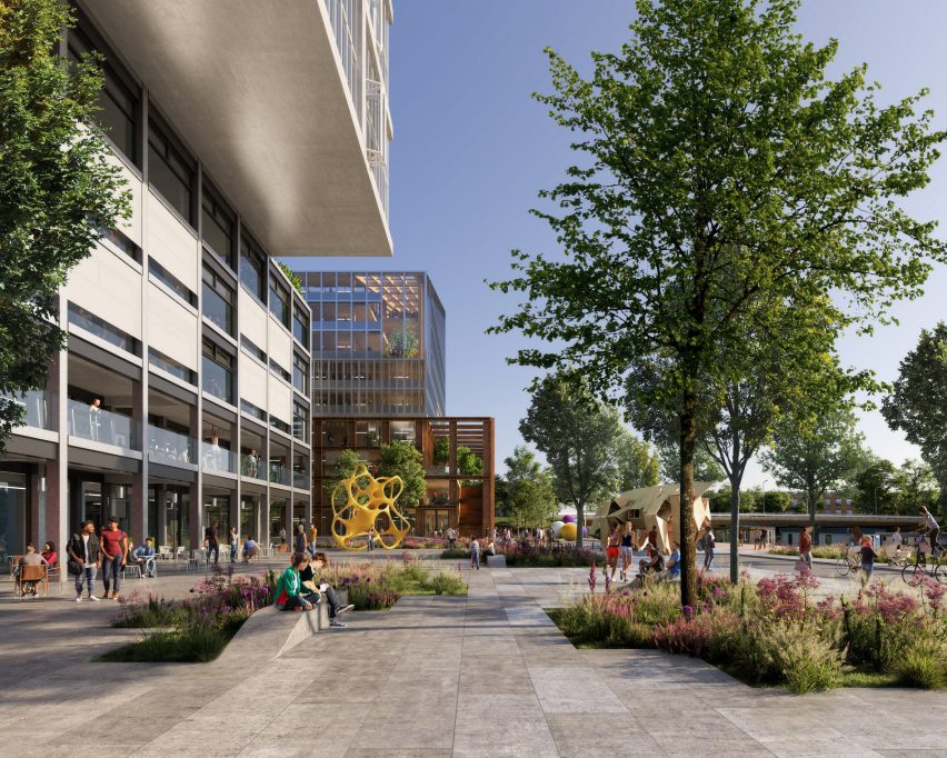 Render of a public outdoor space at the Amstel Design District by Mecanoo