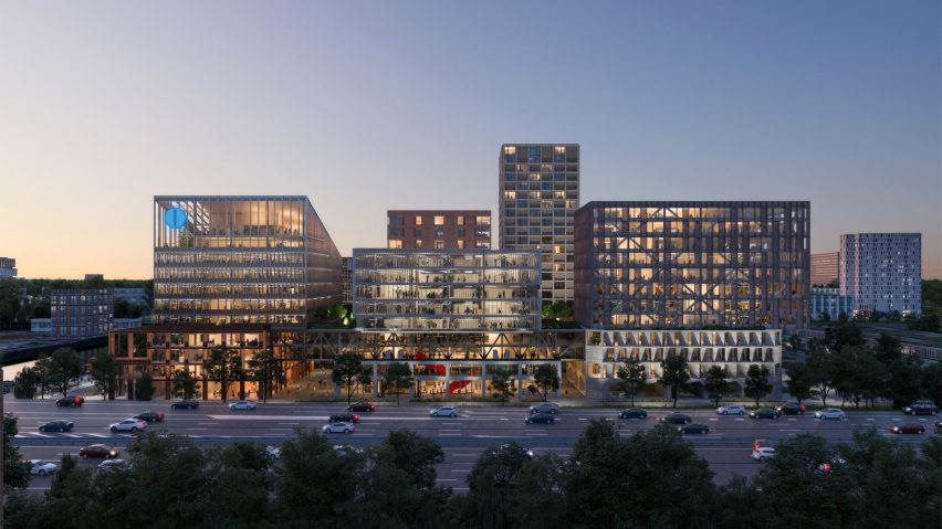 Render of the multiple multi-storey buildings of the Amstel Design District by Mecanoo