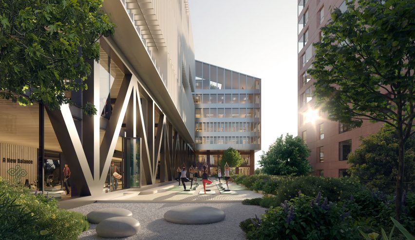 Render of a public outdoor space at the Amstel Design District by Mecanoo